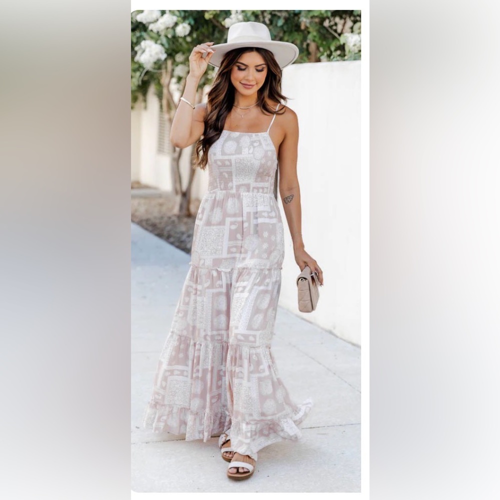 Pink Lily Beige Patterned Maxi Dress